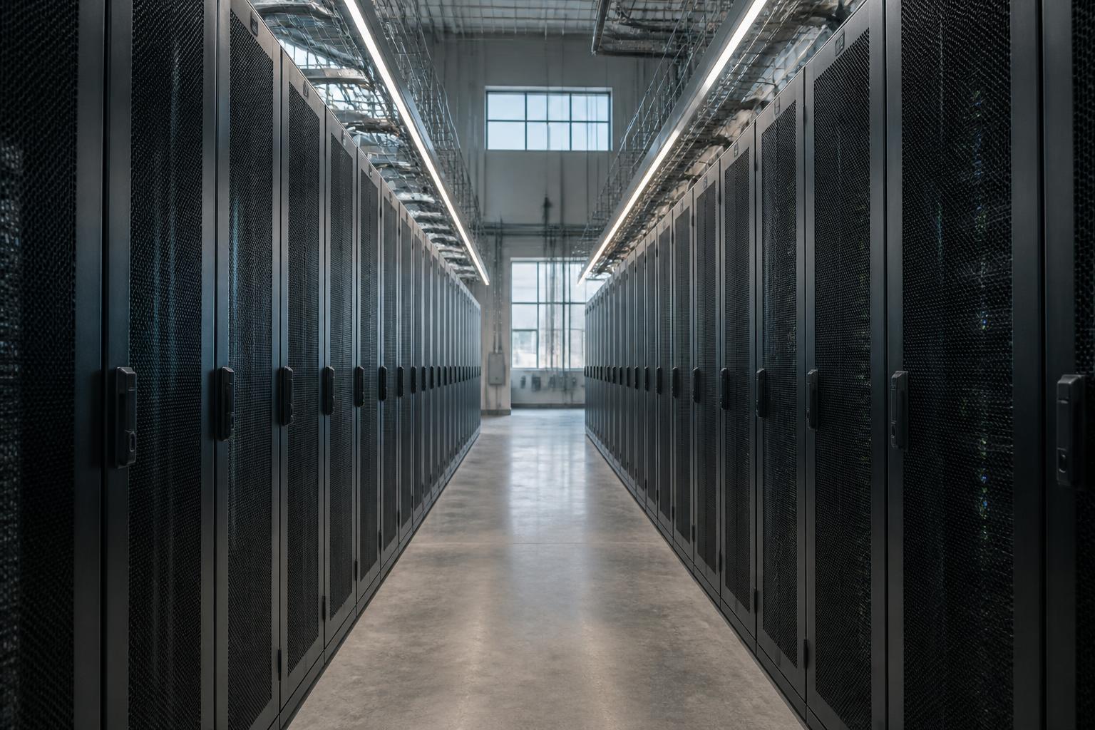 Cold aisle of a modern data center with rows of server racks